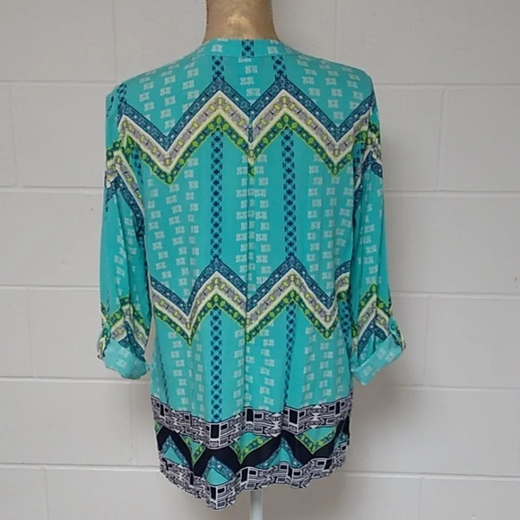 TRIBAL SUMMER BOHO BEACH PRINT, ROLL TAB 3/4 SLEEVE LIGHTWEIGHT TUNIC TOP - Picture 2 of 8